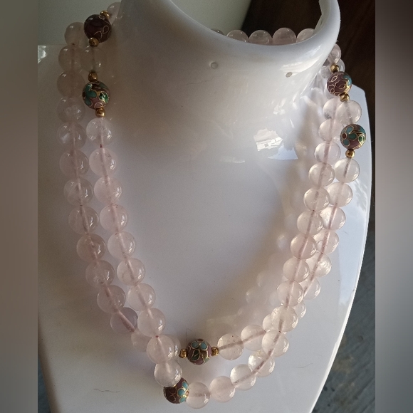 14k Clasp Spacers Rose Quartz Beaded Single Strand Cloisonne Necklace - Picture 5 of 14
